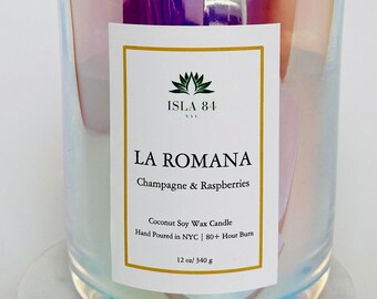 Vela La Romana / Champán y Frambuesas, Cera de Soja y Coco, Duración de Más de 80 Horas