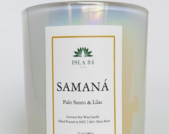 Vela Samaná / Palo Santo, Aroma Lila y Limón, Cera de Soja de Coco