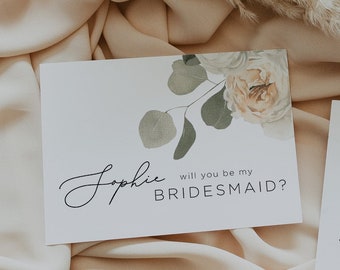 Bridesmaid Proposal Card, Bridesmaid Proposal Gift, Greenery Will You Be My Bridesmaid Card, Roses, Flowers, DIY Instant Download Template