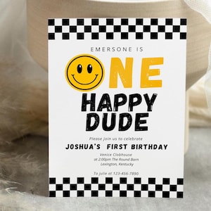 Convite de primeiro aniversário para meninos One Happy Dude, Retro One Happy Dude, Cara sorridente amarela legal, Cara 1º aniversário 1º aniversário menino KB004