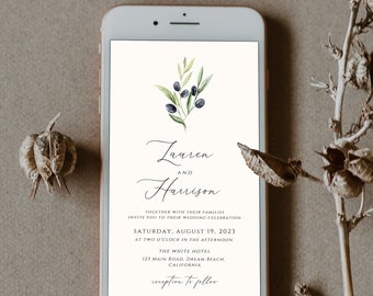 Olive Greenery Wedding Evite, Wedding Digital Invitation, Greenery Digital Template, Wedding Invite Mobile Phone, Electronic Text Message