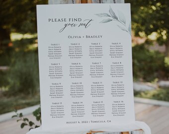 結婚式の座席表テンプレート 緑の座席表テーブル 座席表 印刷可能 編集可能な座席カード 座席表 即時ダウンロード