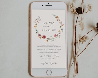 Wildflower Wedding Evite Template, Electronic Wedding Invitation Template, Boho Digital Invite, Text Message, Mobile Phone Invitation Online