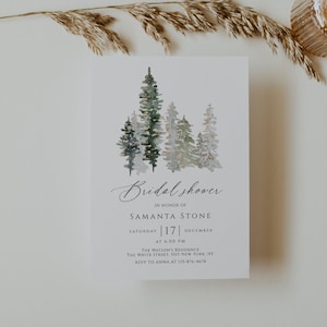 May include: A white card with a watercolor illustration of a forest scene. The text on the card reads "Bridal Shower" in honor of "Samanta Stone" on Saturday, December 17th at 6:00 PM. The location is The Watson's Residence, The White Street, Sist New York, NY. RSVP to Anna at 125-876-4678.
