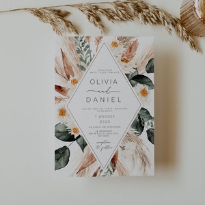 Pampas Grass Wedding Invitation Set, Boho Invites, Desert Invitation, Boho Wedding, Instant Download, Template, Desert, Bohemian Invitation
