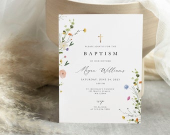 Floral baptism Invitation, Wildflower Baptism Invitation, baptism Invite, Wildflowers Christening Invite, minimalist baptism invite