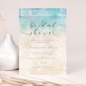Beach Bridal Shower Invitation, Ocean Bridal Shower Invite, Watercolor Beach Shower invitation,  Marine Invitation, Sea Shells, Blue and Tan