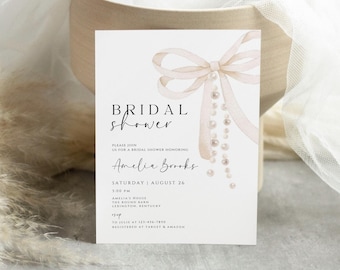 bow Bridal Shower Invitation, Pearl Bow Bridal Shower Bachelorette hens Invitations, bohemilan bridal shower Invite, PBS02