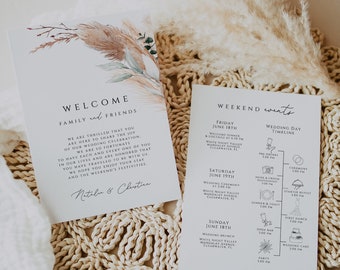 Wedding Welcome Bag Note & Timeline, Boho Wedding Events Card Template, Greenery Wedding Weekend Timeline Printable, Wedding Events Timeline