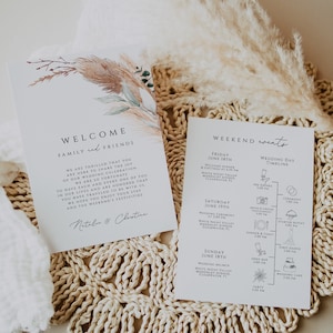 Nota y cronograma de la bolsa de bienvenida para la boda, plantilla de tarjeta de eventos de boda boho, cronograma imprimible del fin de semana de la boda con vegetación, cronograma de eventos de boda