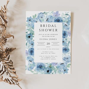 Watercolor  Bridal Shower Invitation, Gently Blue Flower Design, 5x7 Inch Customizable Template, Floral Design Card, Digital Downlod WАBS01