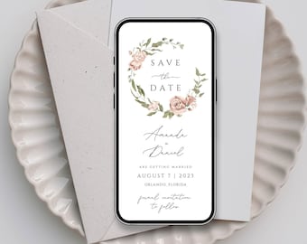 Save The Date boho Greenery Electronic Save the Dates, Save The Date Evite Template, Digital Invite, Floral Wreath Save the Date, Phone