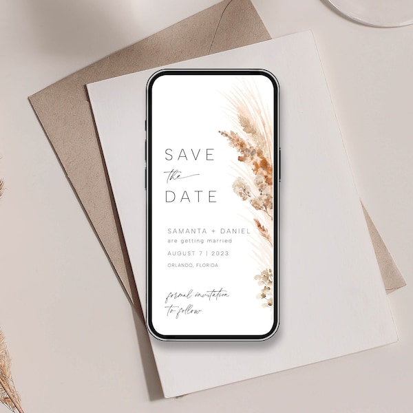 Boho pampas Save The Date Template Save the Date Text Invite Template Templett Instant Download Editable Electronic Invitation Evite Phone