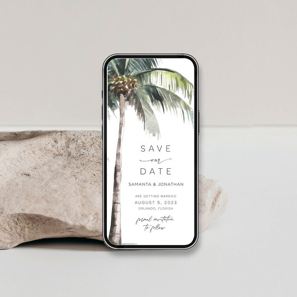 Tropical Save the Date Evite, Palm Save the Date Invitation numérique, Electronic Save the Date, Beach Wedding, Palm Tree Editable Digital invitation