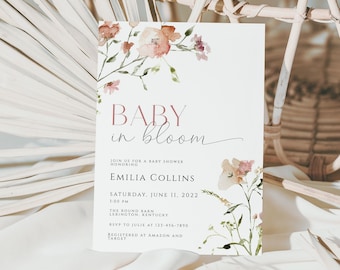 Baby in bloom baby Shower Invitation, Flower rustic Baby shower invite, Wildflower Boho Floral baby Shower Invitation, baby in bloom evite