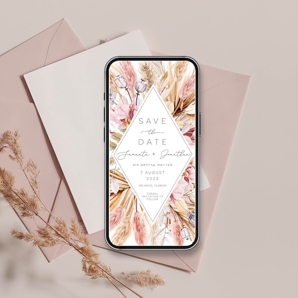 boho Save the Date Digital Evite, Electronic Save The Date Template, pink Boho Save the Date, Pampas Grass Save the Date, Rustic, Digital