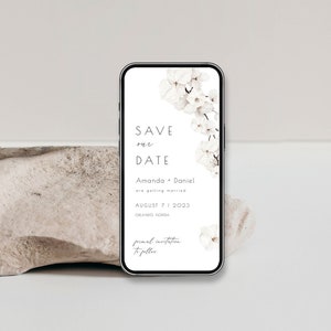 Electronic Save the Date Template, Boho Text Message Save the Date Template, White Flowers Save The Dates, Digital Evite, Instant Download