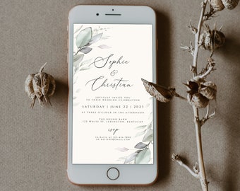 Greenery Wedding Evite, Wedding Digital Invitation, Greenery Digital Template, Wedding Invite Mobile Phone, Electronic Text Message Editable