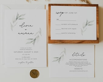 Plantilla de invitación de boda de vegetación moderna Establecer invitación de boda Invitaciones de boda imprimibles Invitación de boda Boho Greenery Invitaciones de boda