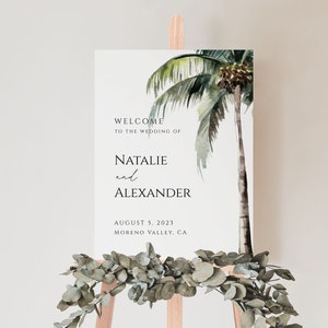 Palm Tree Wedding Welcome Sign Template, Printable Wedding Welcome, Tropical Wedding Sign, Beach Wedding Welcome Poster, Editable Sign image 1