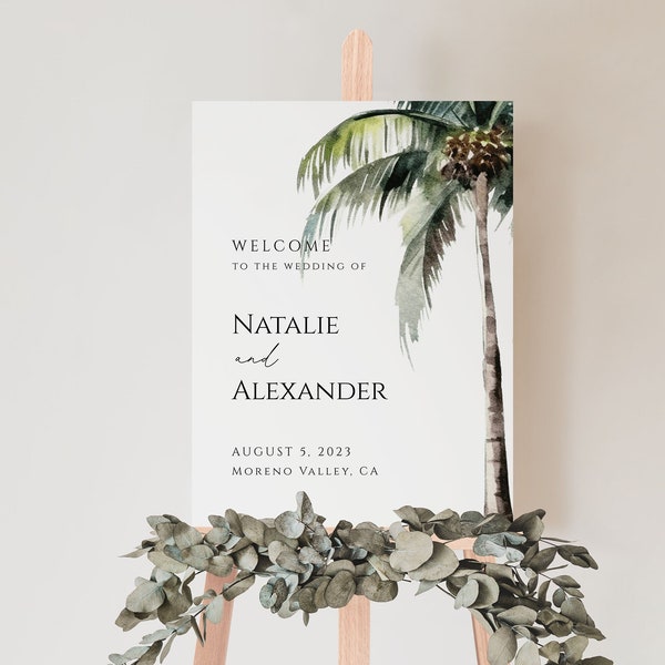 Palm Tree Wedding Welcome Sign Template, Printable Wedding Welcome, Tropical Wedding Sign, Beach Wedding Welcome Poster, Editable Sign