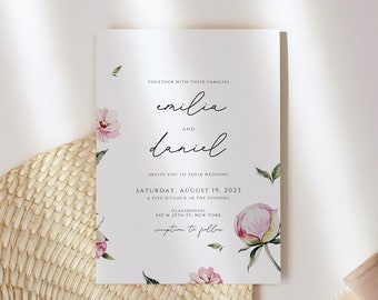 Pink Peony Wedding Invitation Suite Template, Watercolor Greenery Wedding Invite, Blush Pink, Floral, RSVP and Details, Printable, Templett