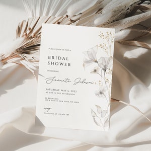 minimalist Bridal Shower Invitation, Editable Bridal Shower Invite, Elegant Gold bridal Shower Invitation, flower bridal shower evite GBSH02