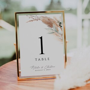 Boho Pampas Hochzeit Tischnummer, Boho Hochzeit Tischnummer, bearbeitbare Tischnummer Vorlage, Pampas Grass Tischnummern