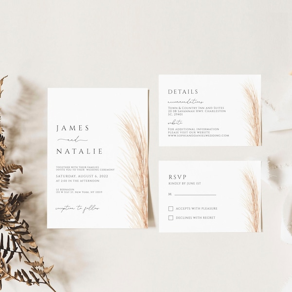Conjunto de convites de casamento Boho, convites de casamento minimalistas para impressão, conjunto de convites de casamento Pampas, convites de casamento Boho PW001