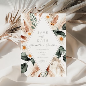 Pampasgras Save the Date-sjabloon, Boho Wedding Save The Date-uitnodiging, bewerkbare afdrukbare, Boho Save the Date, Instant Download