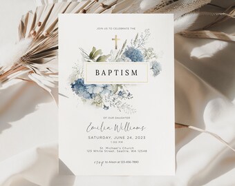 baptism Dusty blue Invitation, Blue flower Baptism Invitation, blue baptism Invite, Wildflower Christening Invite, minimalist baptism invite