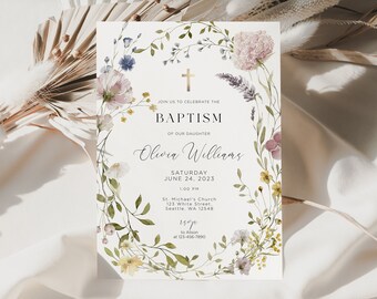 Wildflower Baptism Invitation, girl baptism Invite, Wildflowers Christening Invite, Floral baptism Invitation, minimalist baptism invite
