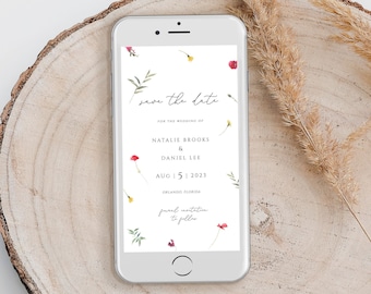 Wildflower Electronic Save the Date Template, Boho Text Message Save the Date Evite, Wild Flowers Wedding Save the Date for Phone