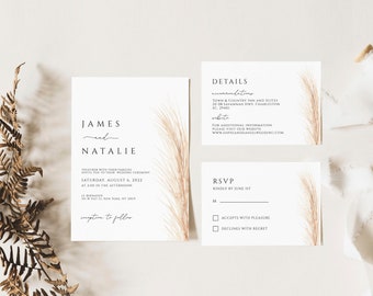 Boho Wedding Invitation Suite, Printable minimalist Wedding Invitation, Pampas Wedding Invitation set, Boho Wedding Invite PW001