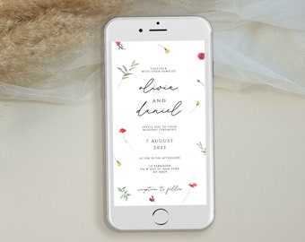 Electronic Wedding Invitation Template, Wildflower Wedding Evite Template, Boho Digital Invite, Text Message, Mobile Phone Invitation Online