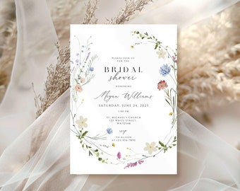 Floral Rustic Bridal Shower Invitation, wildflower Bridal Shower Invite, wreath floral bridal Shower Invitation