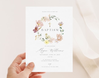 Faire-part de baptême floral, faire-part de baptême de fleurs sauvages, invitation de baptême de fille, invitation de baptême de fleurs sauvages, invitation de baptême minimaliste