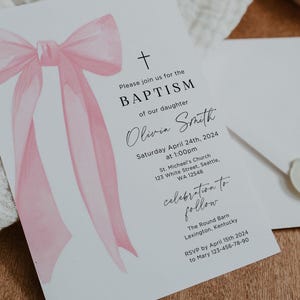 Weiche rosa Schleife Taufe druckbare Einladung, blush bearbeitbare Vorlage, feiern Taufe Ereignis, Baby rosa Design einladen PBAPT03