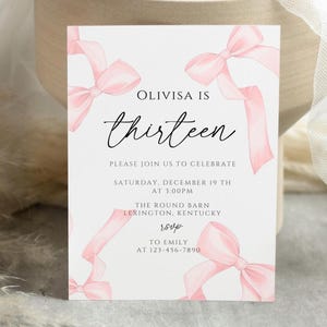 Dreizehn Geburtstagseinladung, bearbeitbare rosa Schleife 13. Geburtstag einladen, Teen Girl Feier Party Einladung, druckbare B-Day einladen TEENB01