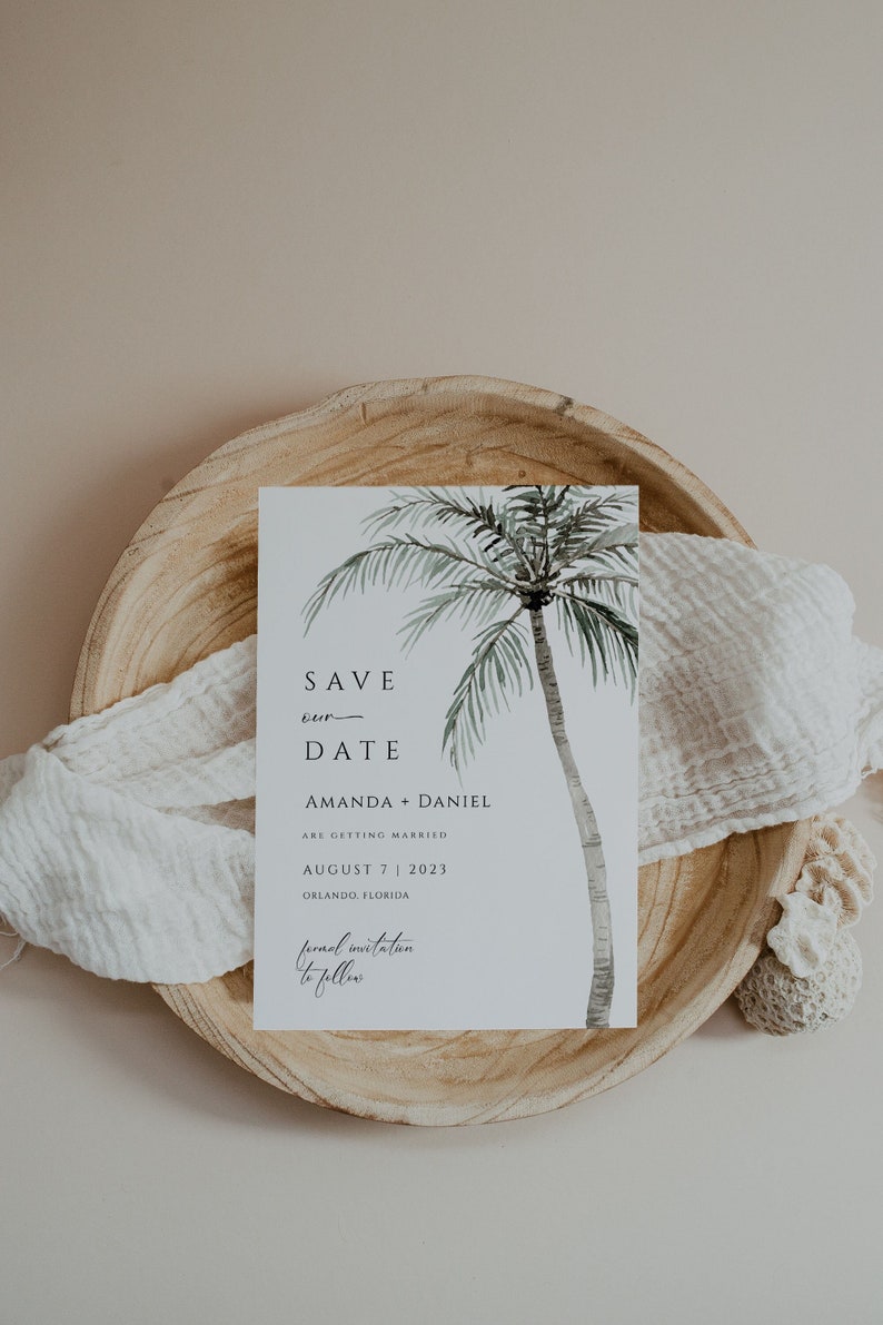 Palm Tree Save the Date Template, Beach Save the Date, Tropical Save the Date Card Printable, Save the Date Editable Template, Engagement image 1