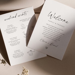 May include: A wedding weekend invitation with a white background and black text. The top section lists the weekend events with dates and times. The bottom section is a welcome message for family and friends, with the names Olivia and Daniel.