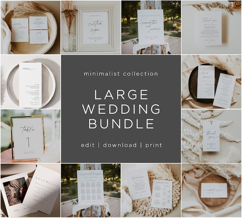 Minimalist Wedding bundle templates. Includes wedding invitation, wedding evite, wedding signs, save the date, menu card and more. Fully editableand printable  instant download.