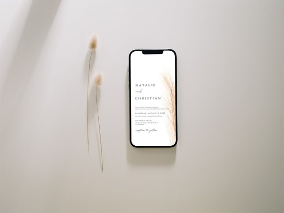 Pampas Grass Electronic Wedding Invitation Template, Boho Wedding Evite, Smartphone Invitation, Paperless Invite, Editable Digital Download