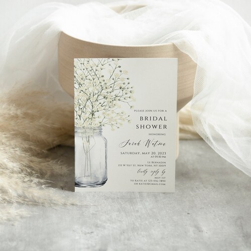 Floral Rustic Bridal Shower Invitation Instant Download white flowers Bridal Shower Invite Gypsophila Shower Invitation, WBSH01