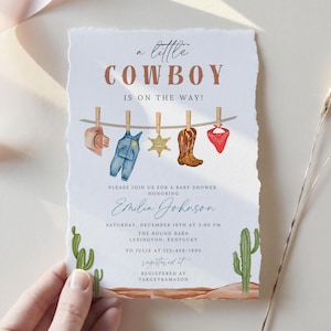 A Little Cowboy Baby Shower Invitation, Wild West Baby Shower, Rustic Country Theme, Editable Digital Template, Cute Western Design BBABY07