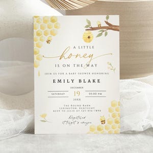 Invitación para baby shower con diseño de abejas, estilo acuarela de miel, plantilla personalizable de 5 x 7 pulgadas, descarga instantánea