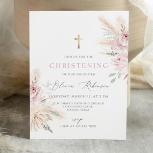 Boho Taufeinladung, bearbeitbare Taufe laden Vorlage ein, Blumenmädchen Taufeinladungskarte, religiöser Babysegen laden BAPT03 ein