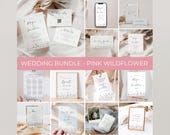 Wildflower Wedding Bundle, floral Boho Wedding Invitation Suite, Meadow Wedding bundle Template, pink floral Wedding Invite suite, WFP001