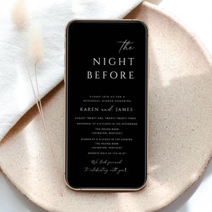 Elegante tarjeta de invitación negra para dispositivos móviles, plantilla editable, diseño lujoso en blanco y negro, cena de ensayo en honor al automóvil digital BLACK001