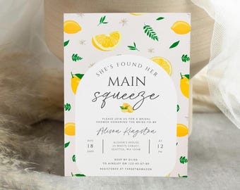 She Found Her Main Squeeze Bridal Shower Invitation, Lemon Bridal Shower Invite, Citrus Wedding Shower Invitation Editable Template BRIDES04